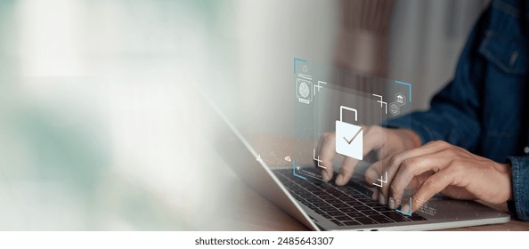 Digital technology, internet network and cybersecurity of data center ,businessman using laptop for cyber security protection cyber security concept , user privacy security