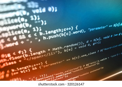 Digital technology modern background. Computer programming source code abstract screen of software developer. Shallow depth of field, selective focus effect. Code text written and created by myself - Shutterstock ID 320126147