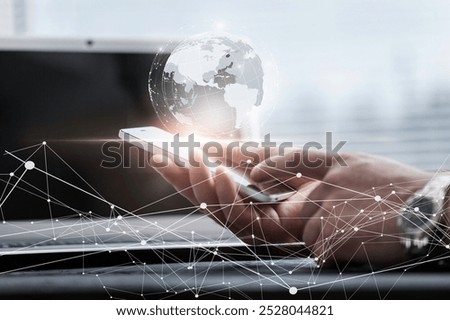 Digital technology network connection, hands on computer