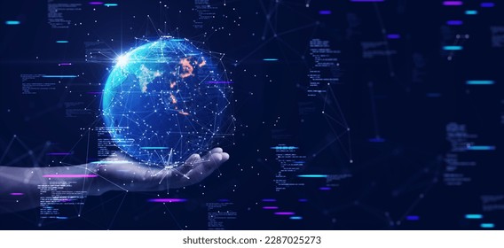 digital technology security concept Wireless connection of the global Internet communication network. Abstract globe resting on human hand with interconnected polygons on dark blue background.