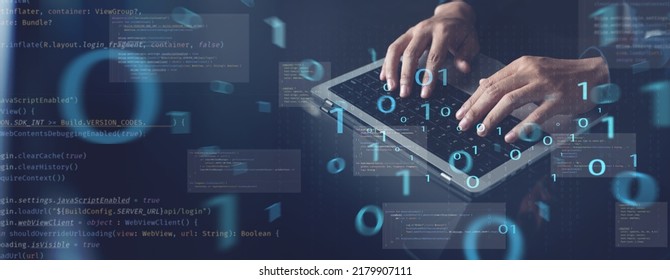 Digital technology, software development, agile methodology concept. Coding programmer, software engineer working on laptop with javascript computer code on virtual screen - Shutterstock ID 2179907111