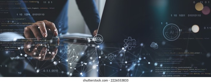 Digital technology, software development, Agile methodology. Man programmer, software engineer coding on laptop computer with internet network connection, javascript, futuristic technology background - Powered by Shutterstock - Get 15% off with code: PIKWIZARD15