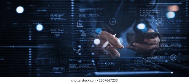 Digital technology, software development, AI Artificial Intelligence concept. Computer programmer or software engineer programming with computer code and cloud computing, technology background