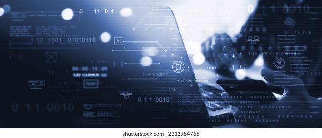 Digital technology, software development, AI Artificial Intelligence concept. Computer programmer or software engineer programming with computer code and cloud computing, technology background