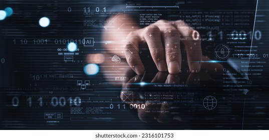 Digital technology, software development, AI Artificial Intelligence concept. Computer programmer or software engineer programming with computer code and cloud computing, technology background