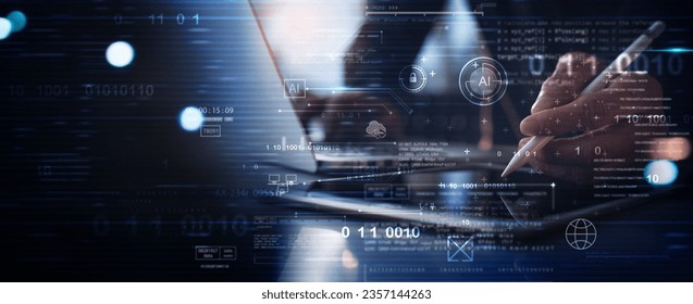 Digital technology, software development, AI Artificial Intelligence concept. Computer programmer or software engineer programming with computer code and cloud computing, technology background