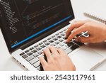 Digital technology, software development concept. Developing programmer, software developer coding computer code on laptop computer. Perfect for coding, IT solutions, applications, coding javascript