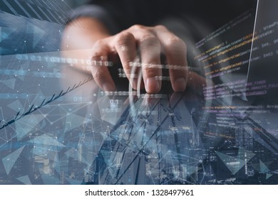 Digital technology, software development concept. Coding programmer, web designer working on laptop computer with computer code, binary, internet network and abstract technology interface