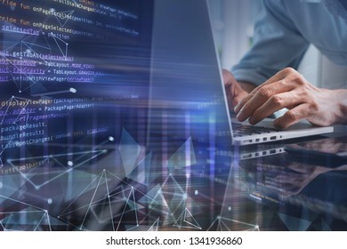 Digital technology, software development concept. Coding programmer, web designer working on laptop computer with computer code, internet network and abstract technology interface