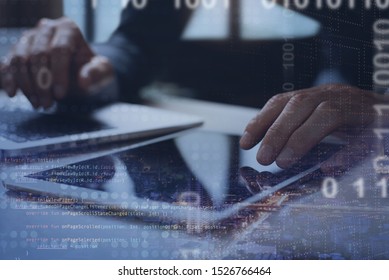 Digital technology, software development concept. Double exposure, man programmer, software developer working on digital tablet and smart city with big data, binary, internet network and computer code