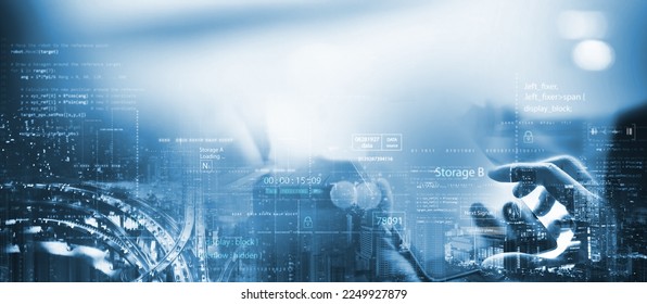 Digital technology, software development concept. Coding programmer, software engineer using digital tablet with circuit board and javascript on virtual screen, internet of things IoT
