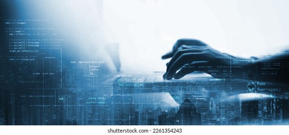 Digital technology, software development concept. Coding programmer, software engineer working on laptop with circuit board and javascript on virtual screen, internet of things IoT - Shutterstock ID 2261354243