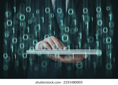 Digital technology, software development concept. Coding programmer, software engineer working on laptop  and javascript on virtual screen, internet of things IoT