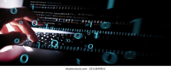 Digital technology, software development concept. Coding programmer, software engineer working on laptop with javascript  and binary code on virtual screen, technology background - Powered by Shutterstock - Get 15% off with code: PIKWIZARD15