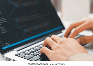 Digital technology, software development concept. Developing programmer, software developer coding computer code on laptop computer. Perfect for coding, IT solutions, applications, coding javascript
