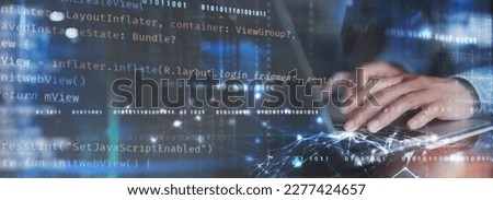 Digital technology, software development concept. Coding programmer, software engineer working on laptop with circuit board and javascript on virtual screen, internet of things IoT
