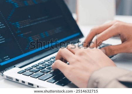 Digital technology, software development concept. Coding programmer, software engineer coding javascript on laptop computer screen, Agile development, digital technology, digital technology