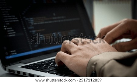 Digital technology, software development concept. Developing programmer, software developer coding computer code on laptop computer. Perfect for coding, IT solutions, applications, coding javascript