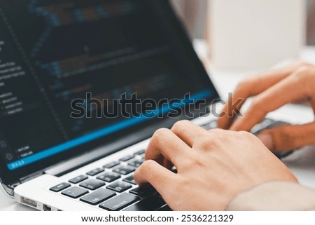 Digital technology, software development concept. Developing programmer, software developer coding computer code on laptop computer. Perfect for coding, IT solutions, applications, coding javascript
