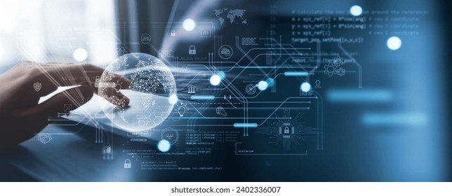 Digital technology, software development, data science. Computer programmer coding on laptop with global internet network and data processing, cyber security system, cloud computing - Powered by Shutterstock