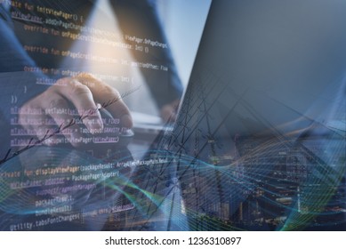 Digital technology, software development, IoT Internet of Things concept. Double exposure, programmer, software developer managing project on laptop computer and smart city, big data, computer code