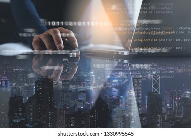 Digital technology, software development, IoT concept. Double exposure, man programmer, software developer working on laptop computer and smart city with big data, internet network, computer code
