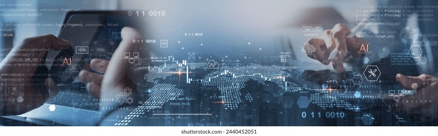 Digital technology, technical support customer service concept, cloud computing. Software engineer team using digital tablet computer, internet network it support, data science and exchange technology