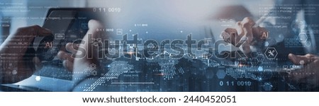 Digital technology, technical support customer service concept, cloud computing. Software engineer team using digital tablet computer, internet network it support, data science and exchange technology