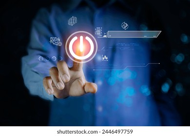 Digital technology touch screen. man pressing start power button. Creative design concept for the new year. Ai technology ui concept with futuristic hud elements.