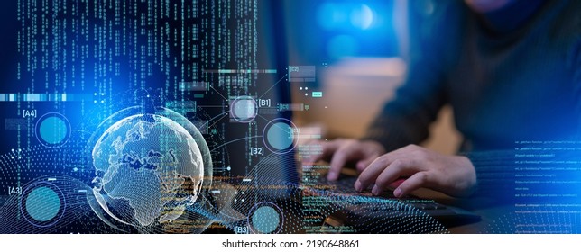 Digital technology,5G global network,RPA,DATA analysis management,internet network connection,futuristic innovation technology concept.Man using laptop and tablet with 5G internet network technology.