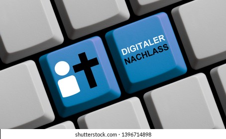 Digital Testament In German Language - Person Icon And Cross On Blue Computer Keyboard