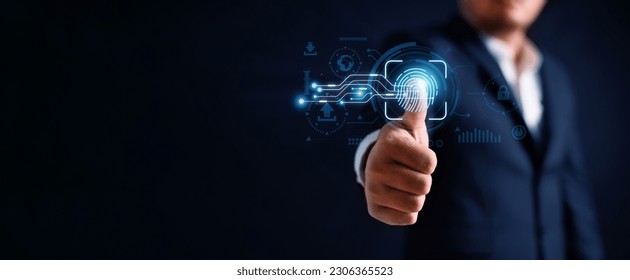 Digital thumb fingerprint scanner provides cyber security access with biometrics identification by business person touching screen with finger in background. Technology and two-faction authentication - Powered by Shutterstock - Get 15% off with code: PIKWIZARD15