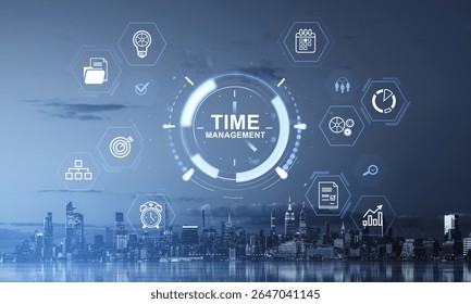 Digital time management interface with productivity icons and infographic elements over a city skyline background, symbolizing organization and business concept