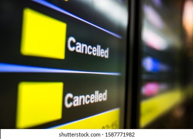 Digital Timetable Board At The Airport With Flights Being Cancelled.