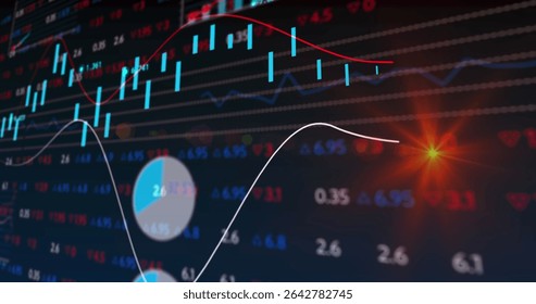 Digital trading displaying on PC screen, with candlestick line pie graphs, numbers and orange flare. Finance, analytics, data visualization, technology, market, investment, dashboard
