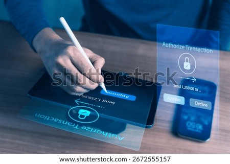 Digital transaction approval interface on tablet with hand using stylus to authorize payment, showing secure interface and amount, for online banking, payment verification, and fintech security