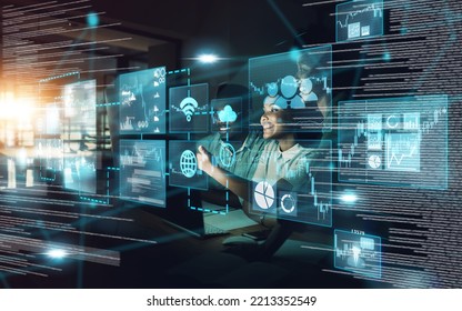 Digital transformation, black people and group networking on computer. Overlay, ai and business people on ui, technology or ux and futuristic big data, 5g network and social connection in dark office - Powered by Shutterstock