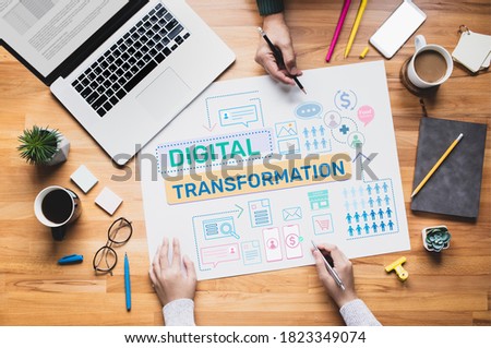 Digital transformation or business online concepts with young person thinking and planning platform ideas.communication design.
