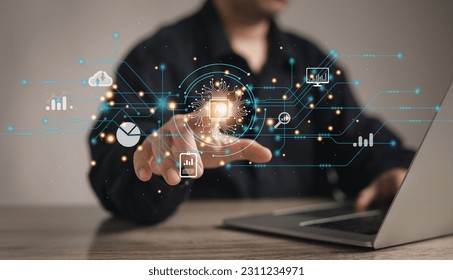 Digital transformation change management by Ai technology to process for new technology big data and business process strategy, cloud computing, smart industry internet and customer service management - Shutterstock ID 2311234971