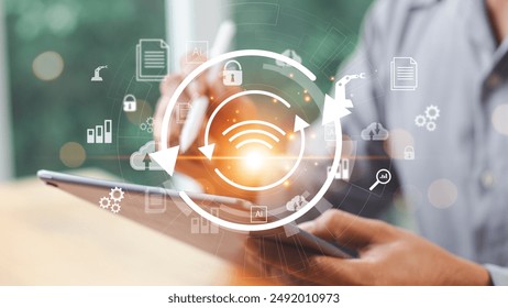 Digital transformation change management, internet of things. new technology bigdata and business process strategy, customer service management, cloud computing, smart industry.Aitechnology. - Powered by Shutterstock - Get 15% off with code: PIKWIZARD15