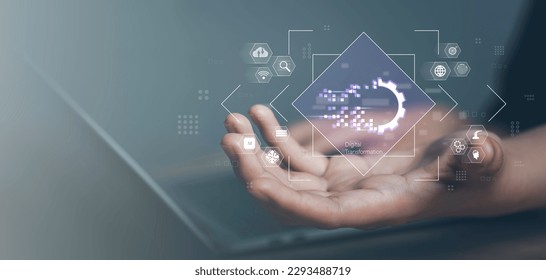 Digital transformation concept. Connection next generation technology era. Businessman holding futuristic blue gear digital transform  growth business and modern artificial intelligence and big data.