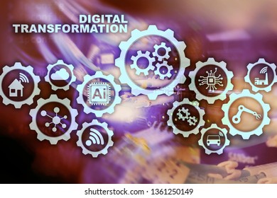 Digital Transformation Concept of digitalization of technology business processes. Datacenter background.