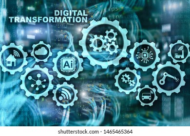 Digital Transformation Concept of digitalization of technology business processes. Datacenter background