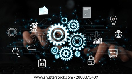 Digital transformation concept representing technology, innovation, and automation with gears, icons, and data flow in a modern workspace setting. Entropy.