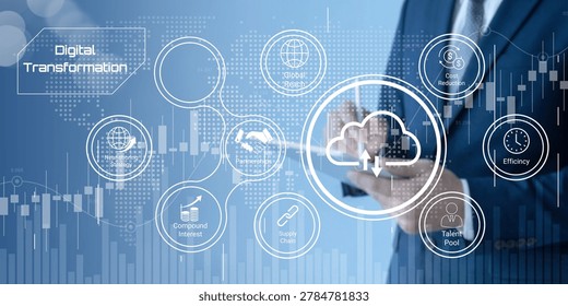 Digital transformation concept showcasing cloud technology and business growth factors with interconnected elements