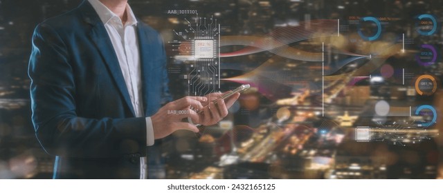 Digital transformation concept. System engineering Binary code Programming businessman using smartphone working with virtual ai technology diagram