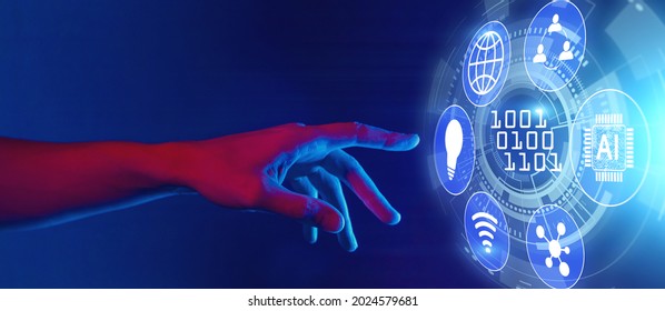 digital transformation, digitalization horizontal banner concept, AI technology, hand touching binary code inscription