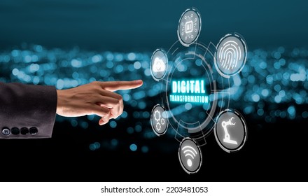 Digital transformation and digitalization technology concept, Woman hand touching virtual screen digital transformation icon  on blue bokeh background.