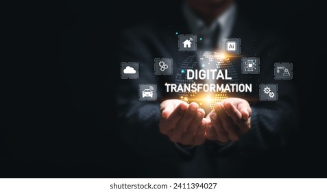 Digital transformation and digitalization technology concept. businessman hold virtual globe with digital transformation word for digital transformation technology strategy, IoT, internet of things. - Powered by Shutterstock - Get 15% off with code: PIKWIZARD15