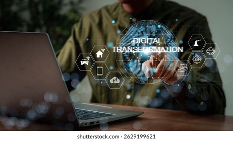 Digital Transformation and Digitalization Technology concept on Abstract Background. IoT, Artificial Intelligence, adoption of technology, enhancing global business capabilities